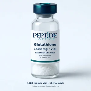 Peptide Lattice Glutathione 1500 mg research-only packaging mockup, representative vial from a 10-vial pack