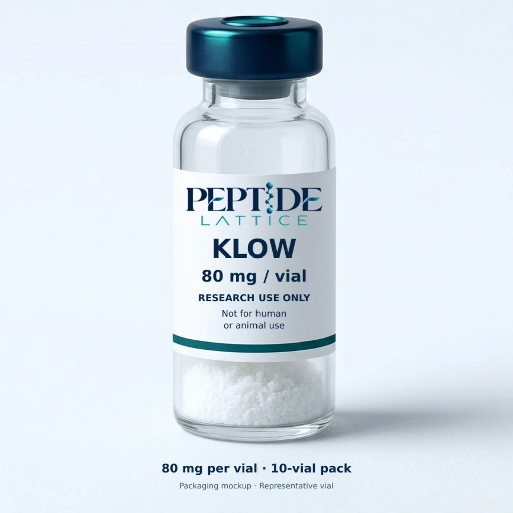 Peptide Lattice Klow 80 mg research-only packaging mockup, representative vial from a 10-vial pack